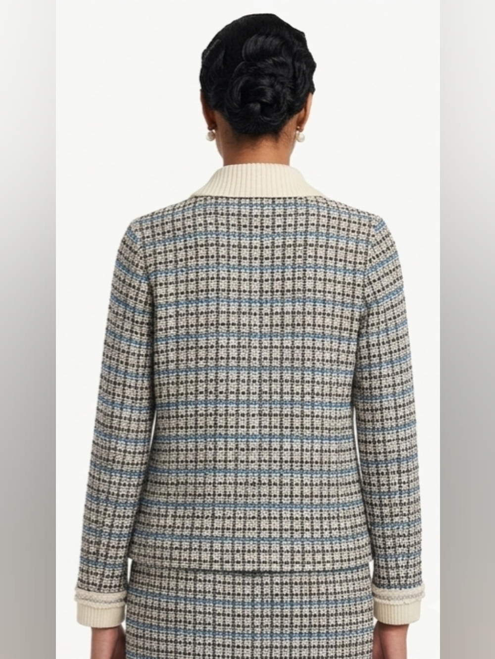 NWOT Talbots Cream and Blue Plaid Tweed Sweater Jacket Size L - Picture 2 of 14